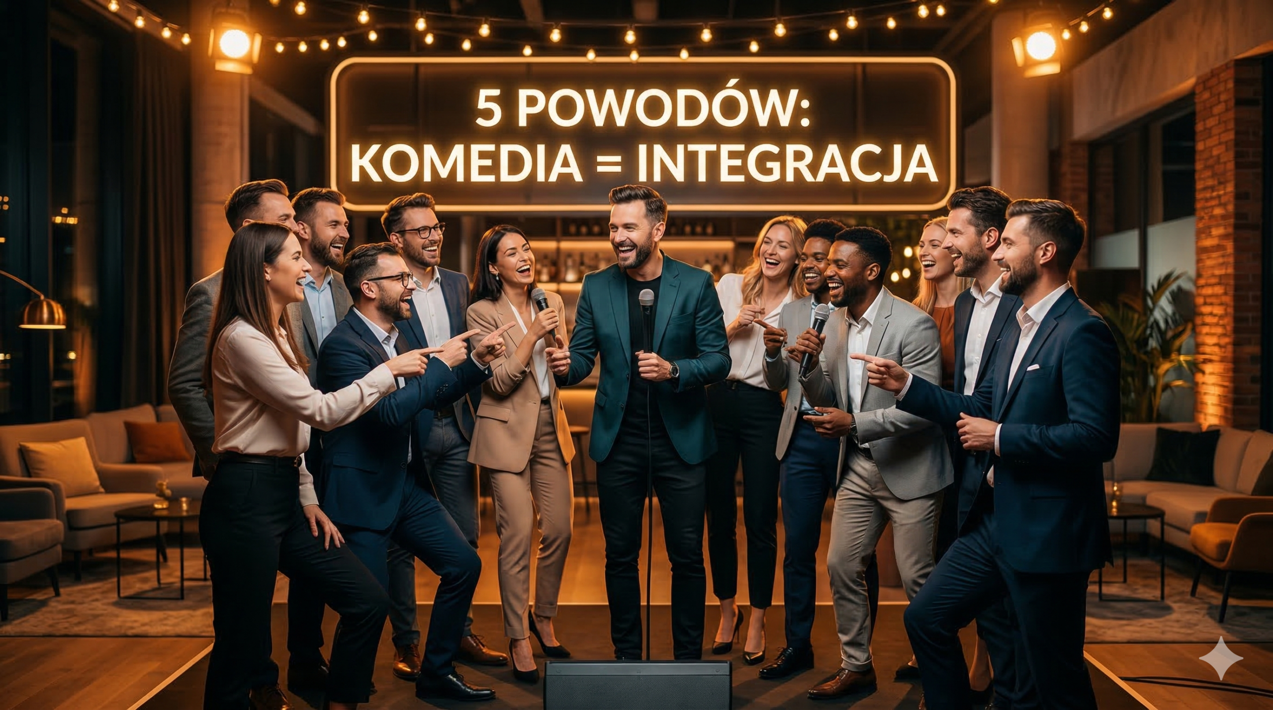 Na grafice przedstawiono grupę współpracowników podczas integracyjnego wydarzenia firmowego. W centrum znajduje się prowadzący z mikrofonem, otoczony przez roześmianych uczestników ubranych w eleganckie stroje biznesowe. Ciepłe oświetlenie, scenografia i wspólna zabawa podkreślają atmosferę integracji oraz pozytywne emocje. W tle widnieje hasło „5 powodów: Komedia = Integracja”, nawiązujące do korzyści płynących z organizacji stand-upu na evencie firmowym.