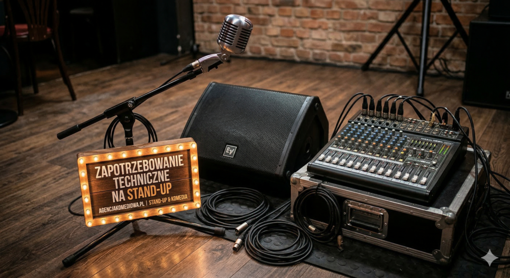 Na grafice przedstawiono sprzęt techniczny niezbędny do organizacji występu stand-up. W centrum znajdują się mikrofon na statywie, głośnik oraz mikser audio z podłączonymi przewodami. Drewniana podłoga i ceglana ściana tworzą scenografię kameralnej sali występów, a podświetlany napis „Zapotrzebowanie techniczne na stand-up” podkreśla tematykę przygotowania zaplecza technicznego wydarzenia.