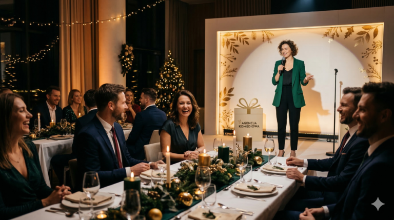 Professional corporate Christmas gala dinner stand-up comedy performance Warsaw, safe HR guide blog post featured image agencja komediowa