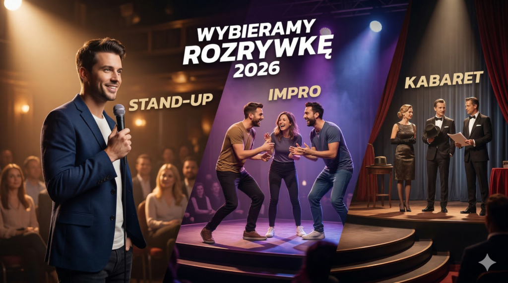 Na grafice przedstawiono trzy popularne formy rozrywki na event 2026: stand-up, improwizację teatralną oraz klasyczny kabaret. Po lewej stronie komik występuje z mikrofonem przed publicznością, w centrum grupa aktorów prezentuje dynamiczną scenę improwizowaną, a po prawej artyści kabaretowi występują na scenie teatralnej.