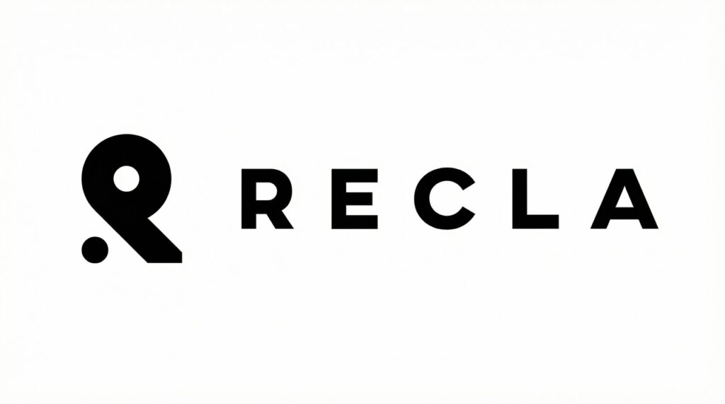 Na grafice widoczne jest logo RECLA. Po lewej stronie znajduje się nowoczesny, minimalistyczny znak graficzny przypominający stylizowaną literę „R” lub symbol lokalizacji (znacznik mapy), wykonany z prostych, geometrycznych kształtów. Po prawej stronie umieszczono nazwę „RECLA” zapisaną dużymi literami bezszeryfowym krojem pisma.