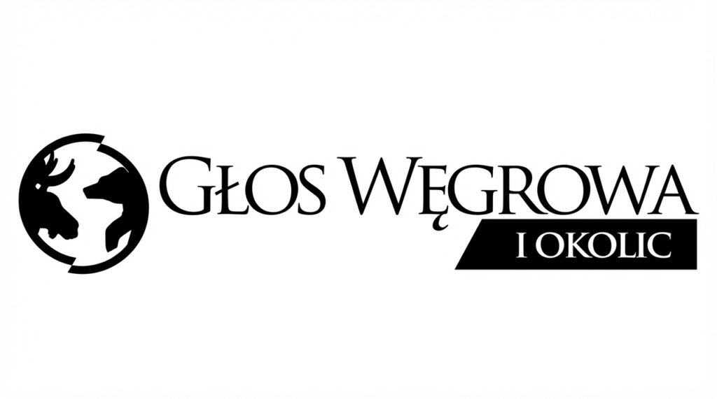 Na grafice widoczne jest logo „Głos Węgrowa i Okolic”. Po lewej stronie znajduje się okrągły znak graficzny przedstawiający stylizowaną głowę jelenia wpisaną w okrąg. Obok umieszczono nazwę „Głos Węgrowa” zapisaną eleganckim, szeryfowym krojem pisma, a poniżej po prawej stronie znajduje się czarny element graficzny z białym napisem „I OKOLIC”.