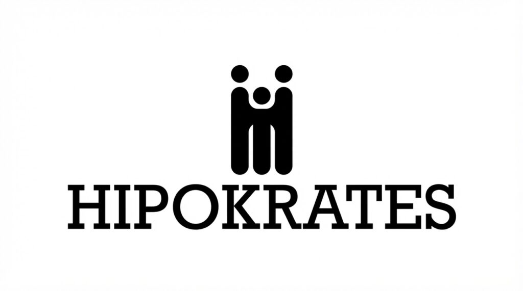 Na grafice przedstawiono logo HIPOKRATES. W górnej części znajduje się prosty, minimalistyczny symbol graficzny składający się z trzech stylizowanych postaci, które tworzą spójną formę przypominającą ludzi stojących obok siebie.