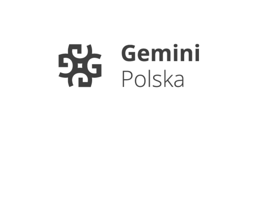 Na grafice widoczne jest logo Gemini Polska. Po lewej stronie znajduje się nowoczesny znak graficzny złożony z czterech geometrycznych elementów.